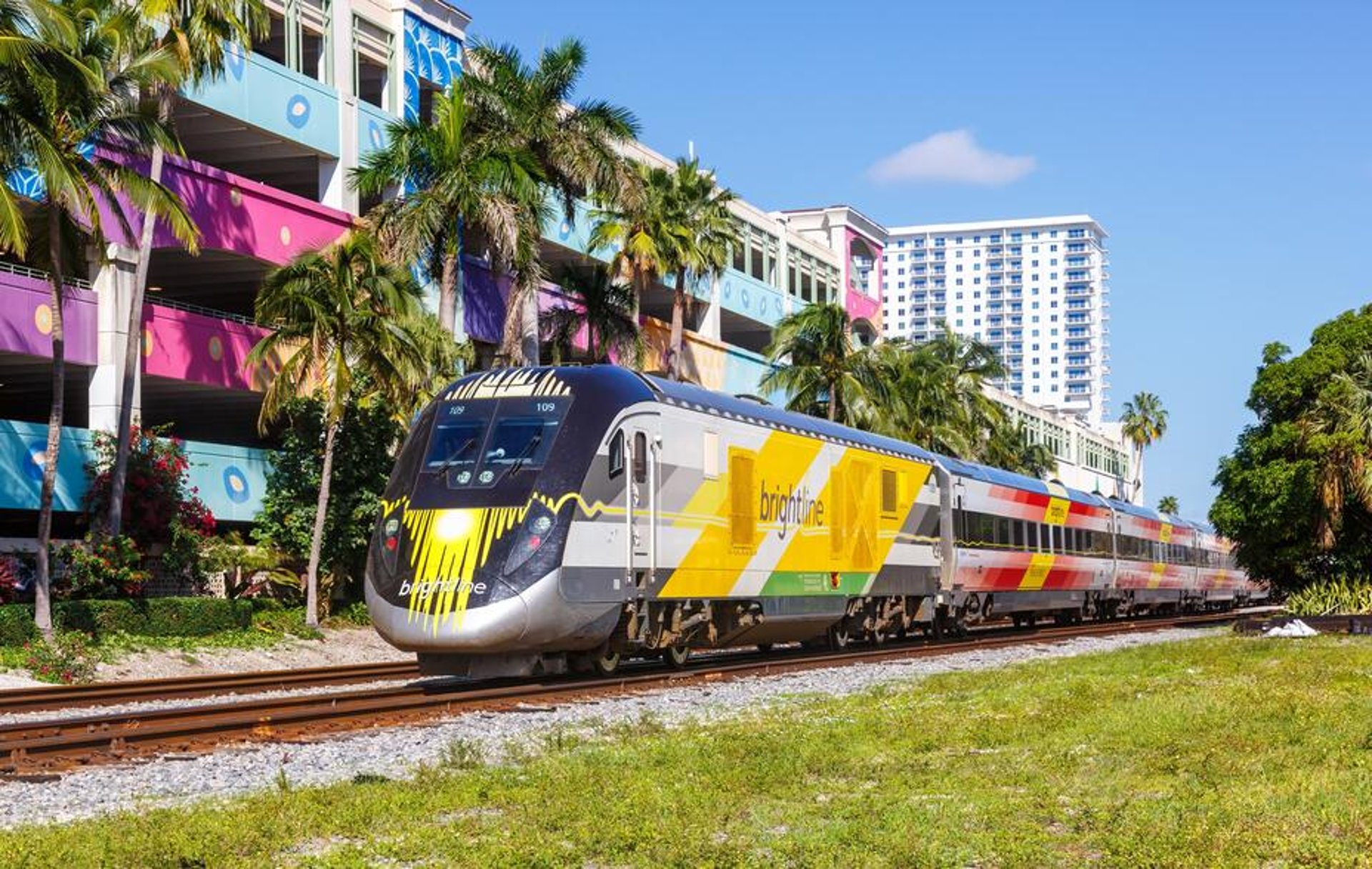 Brightline private inter-city rail train in West Palm Beach in Florida, United States