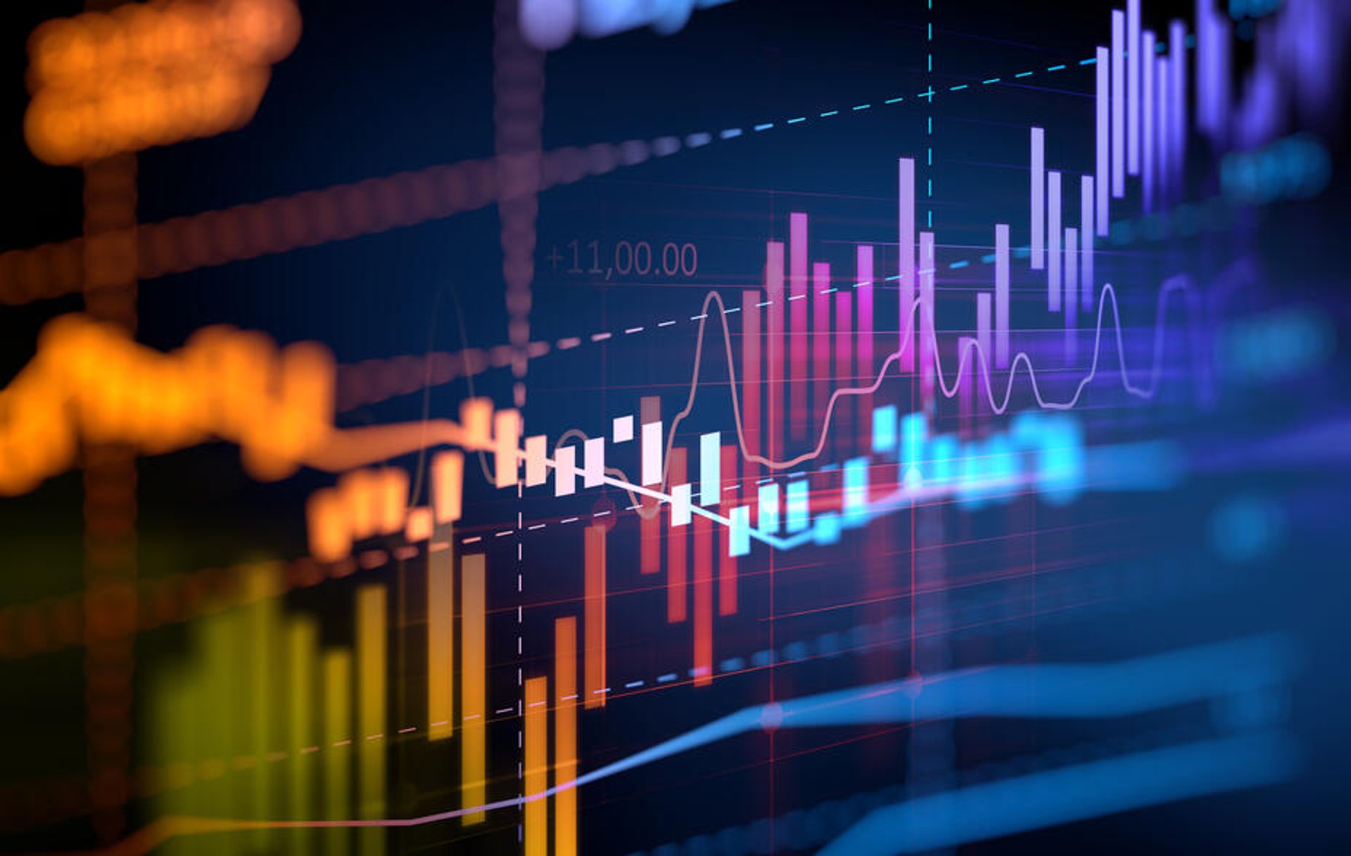 Colourful financial data is digitally displayed against a dark background.