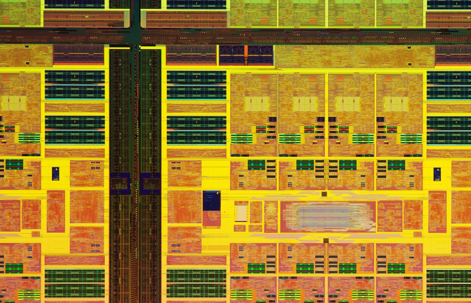 Close-up view of a colourful chip wafer