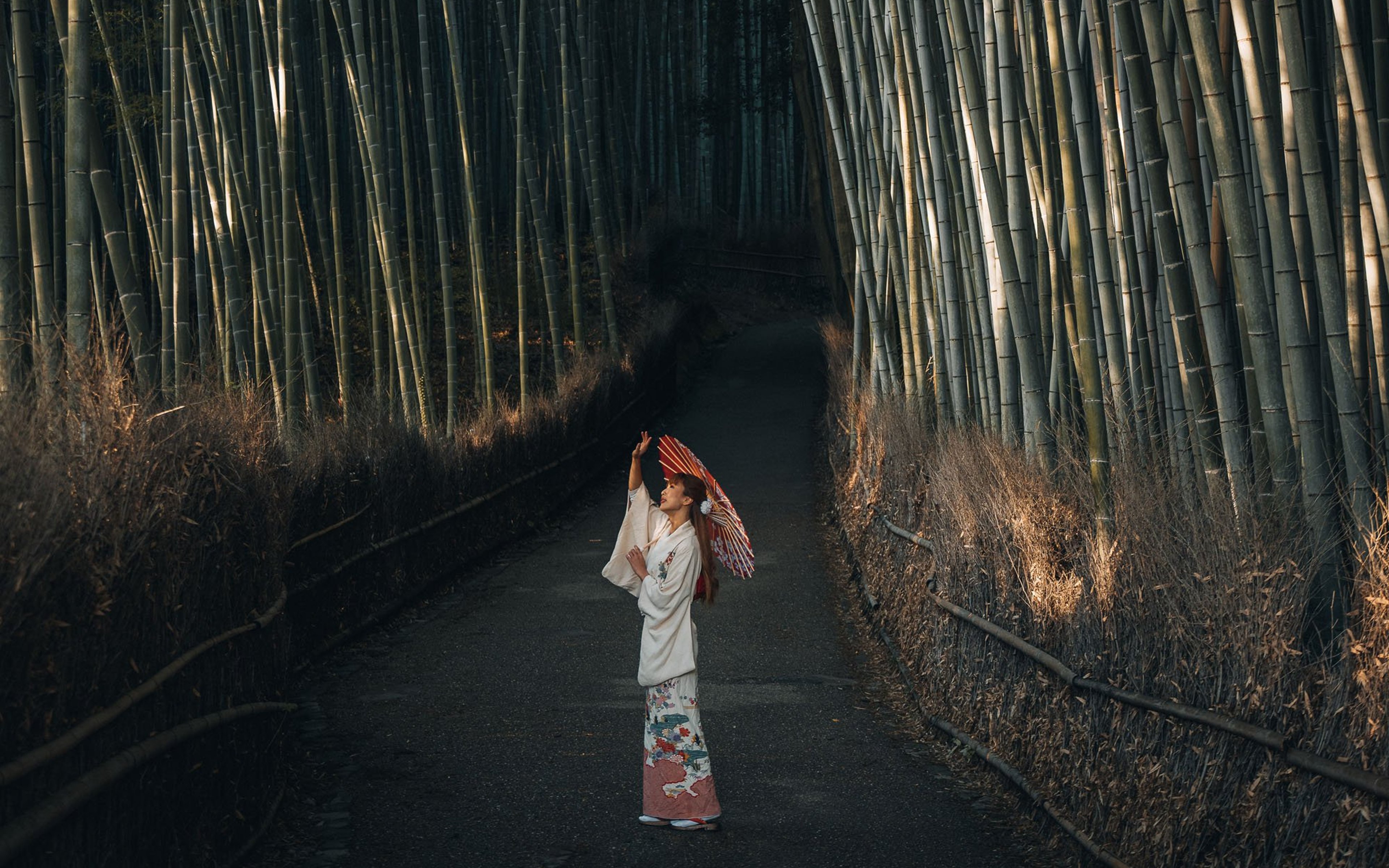 Woman in traditional Japanese dress walking on a path between tall bamboos.