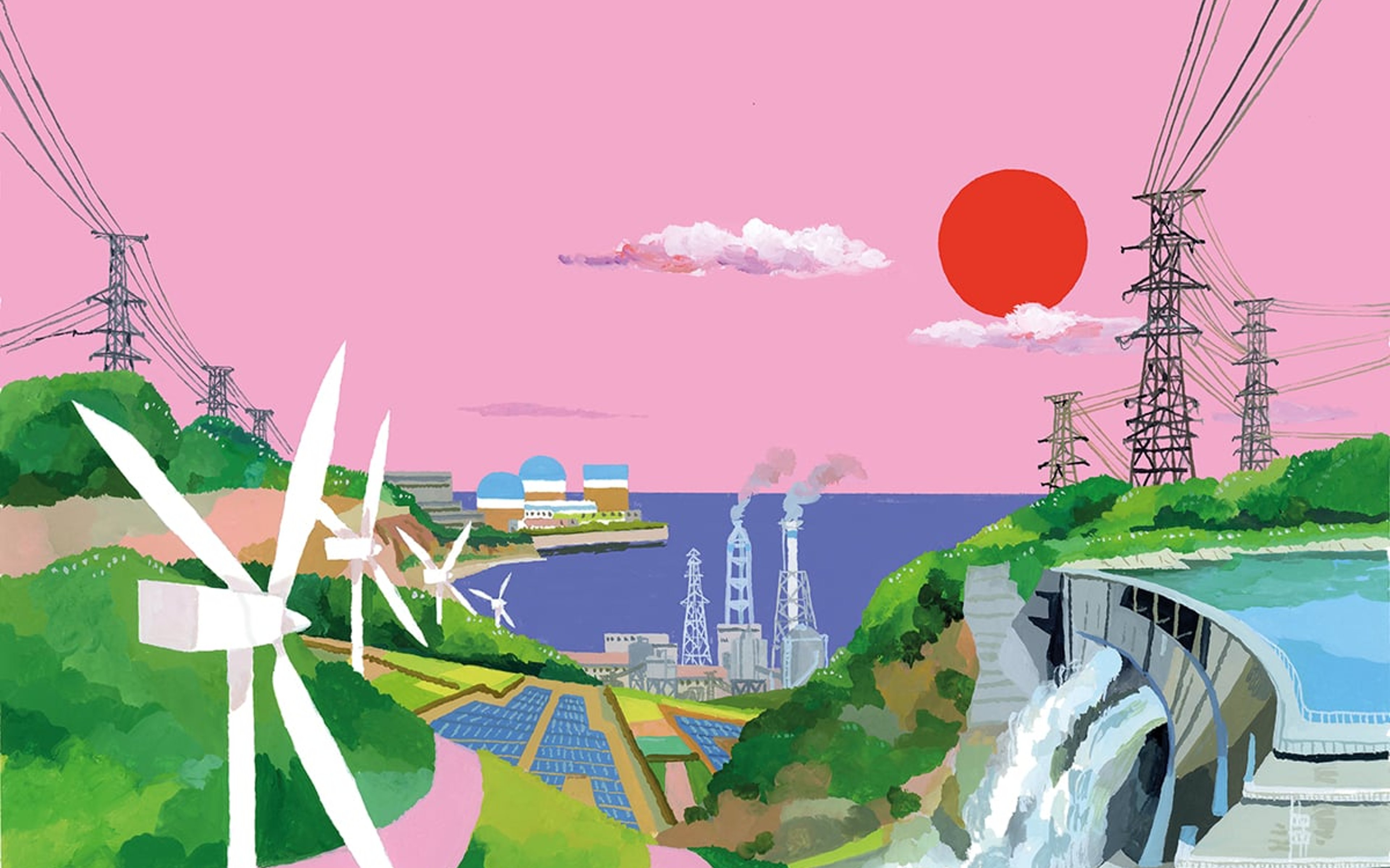 Illustration of Japanese landscape with electrical wires connecting wind farms, solar panels and traditional power plants to homes and businesses