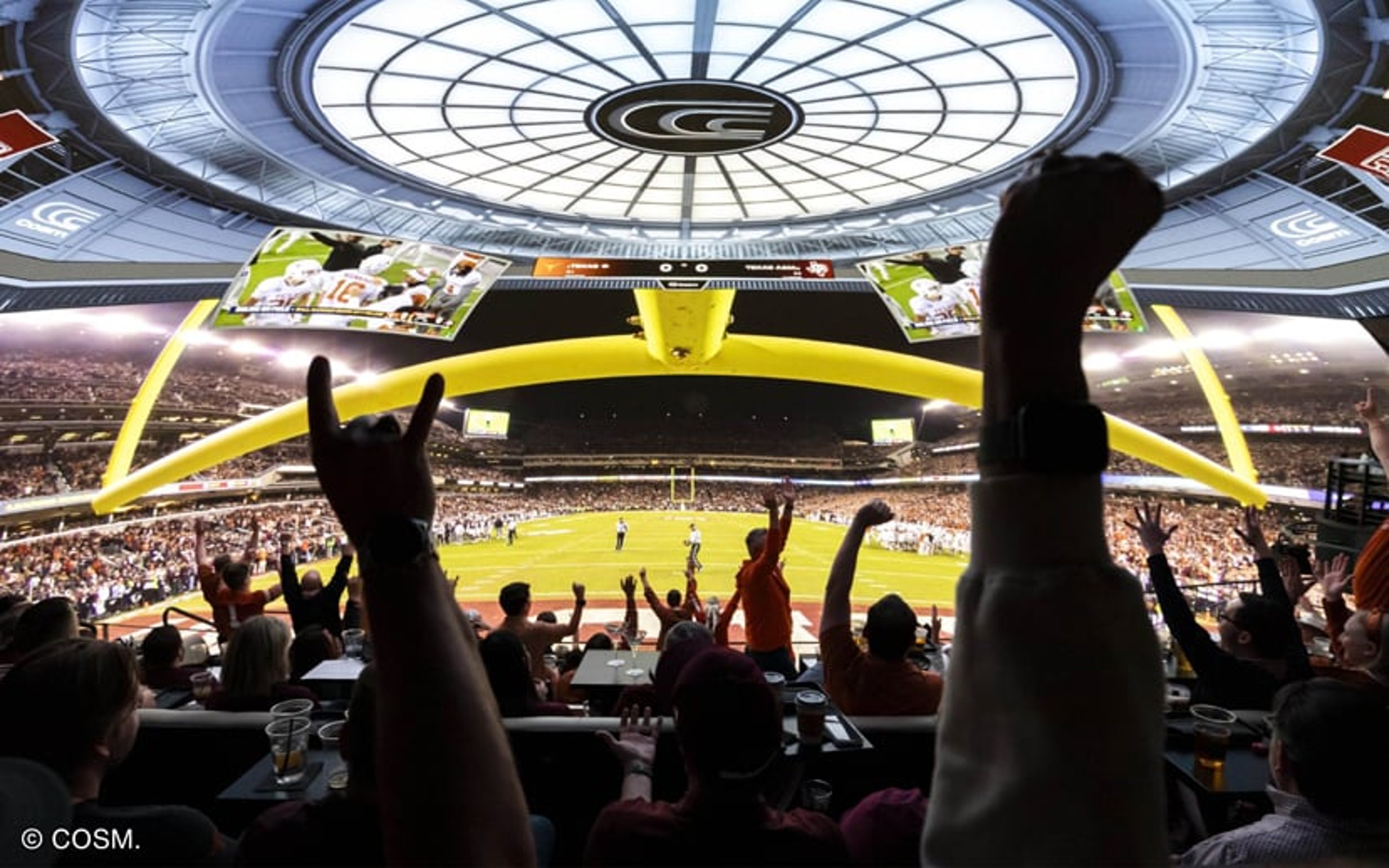 A immersive mixed reality bar with fans in front a a large wrap around screen showing an American football game. © COSM