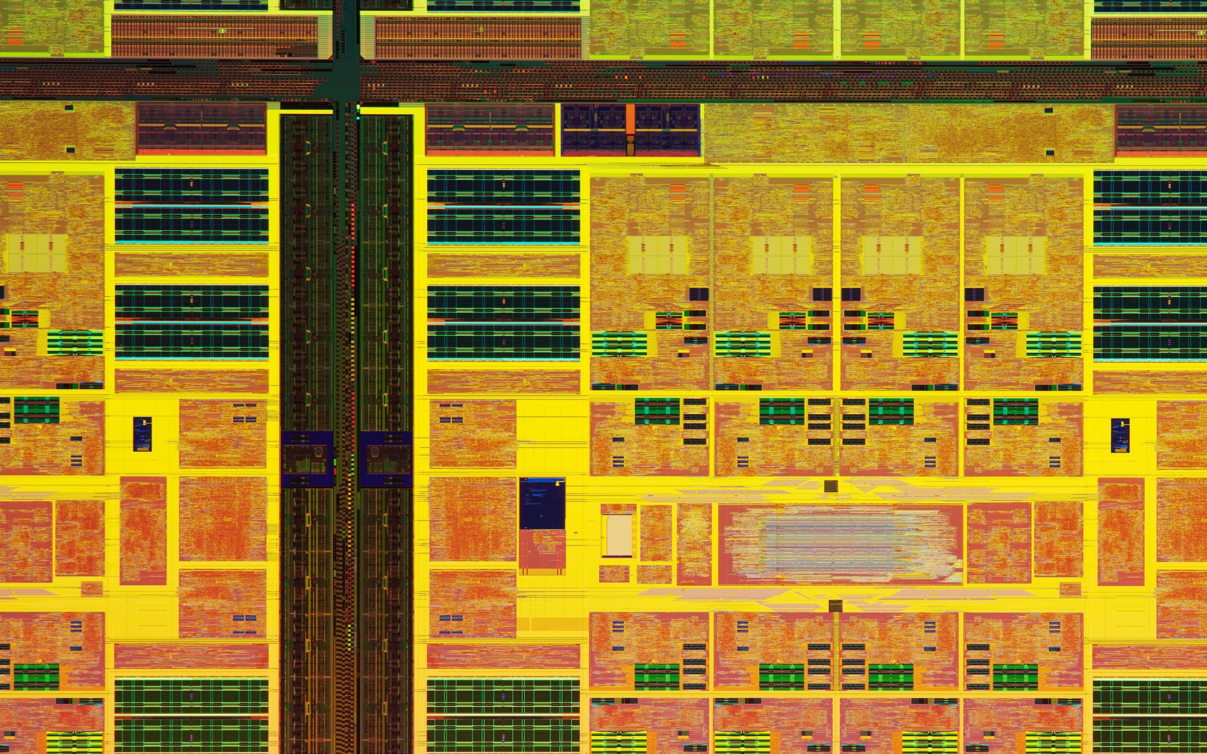 Close-up view of a colourful chip wafer